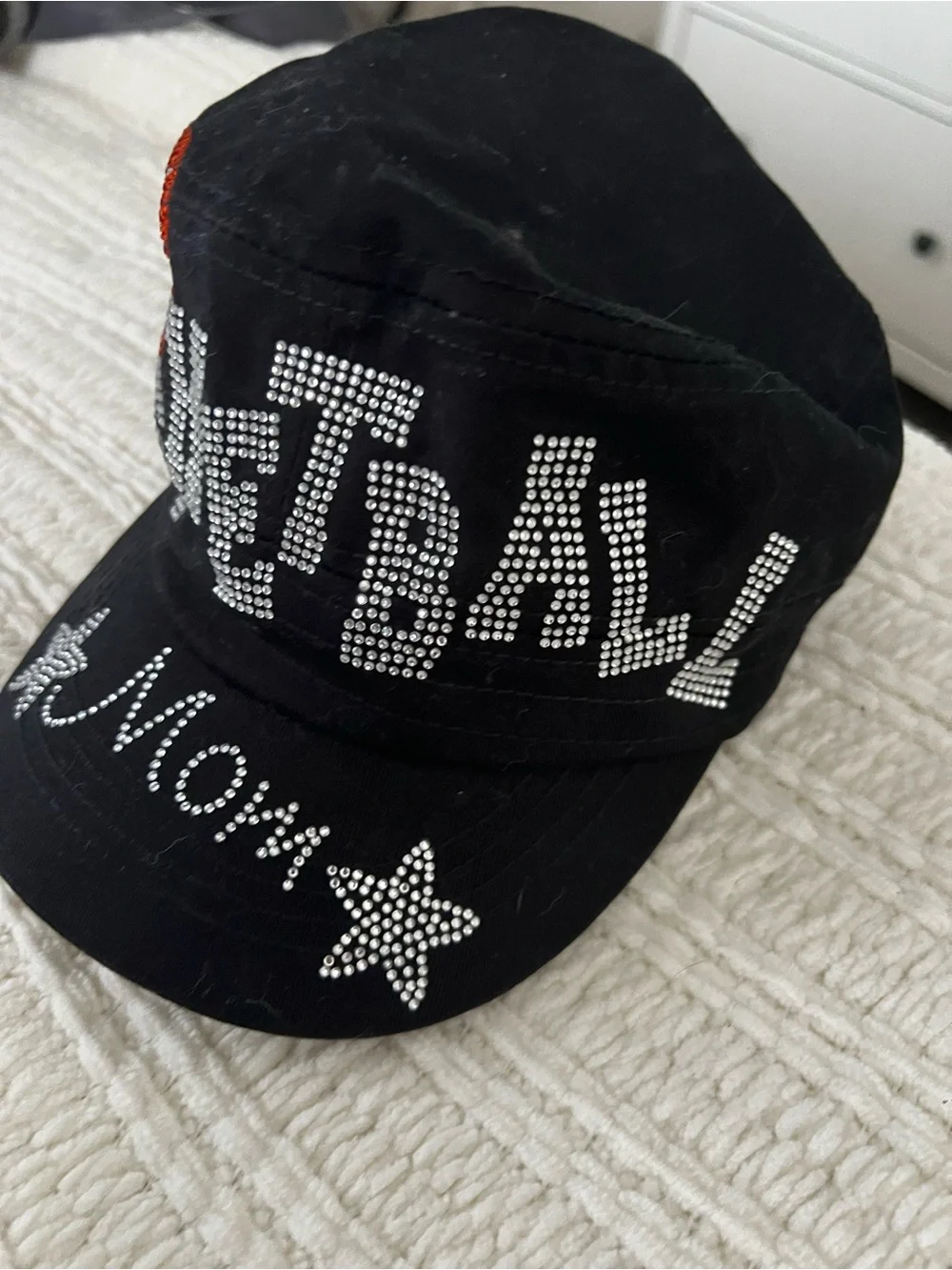Mom Rhinestone Black Baseball Cap with Orange Accent